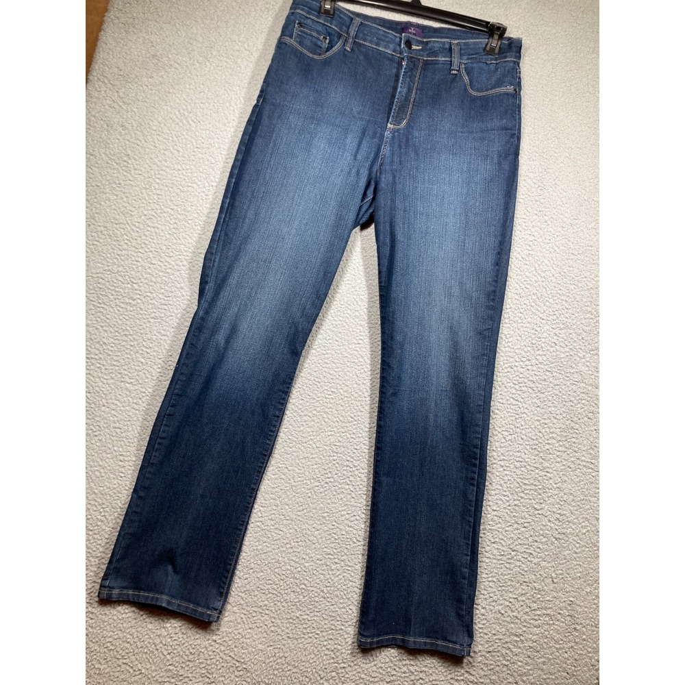 NYDJ Straight Leg Jeans Women 14 Blue Lift Tuck Rhinestone Pocket Sparkle Denim